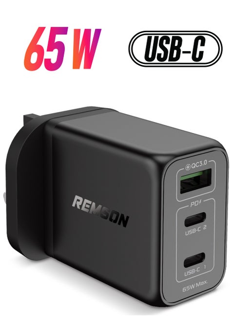 Remson 65W 3 Ports GaN Charger USB-C Power Wall Adapter  PD 3.0 with USB-A Port  Compatible with iPhone 13 13 Mini 13 Pro 13 Pro Max SE 11 XR XS, Samsung S22, MacBook Pro Air, iPad and Laptops