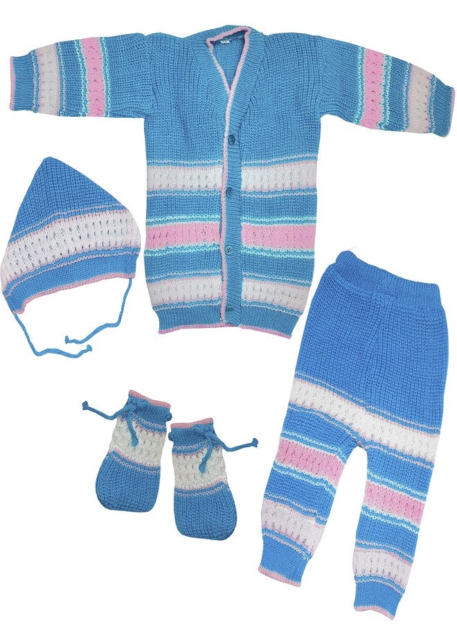 little PANDA Baby-Boys, Firoji Sweater Woollen Full Sleeves, V Neck Sweater Top, Bottom, Cap & Booties Set (0-3 Months, Blue Firoji) - Image 1