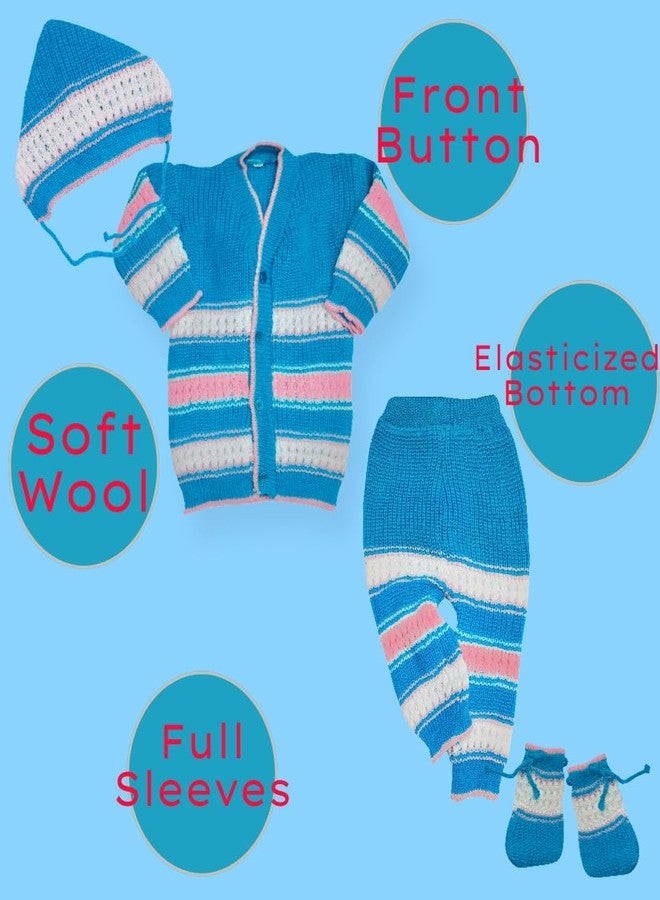 little PANDA Baby-Boys, Firoji Sweater Woollen Full Sleeves, V Neck Sweater Top, Bottom, Cap & Booties Set (0-3 Months, Blue Firoji) - Image 2