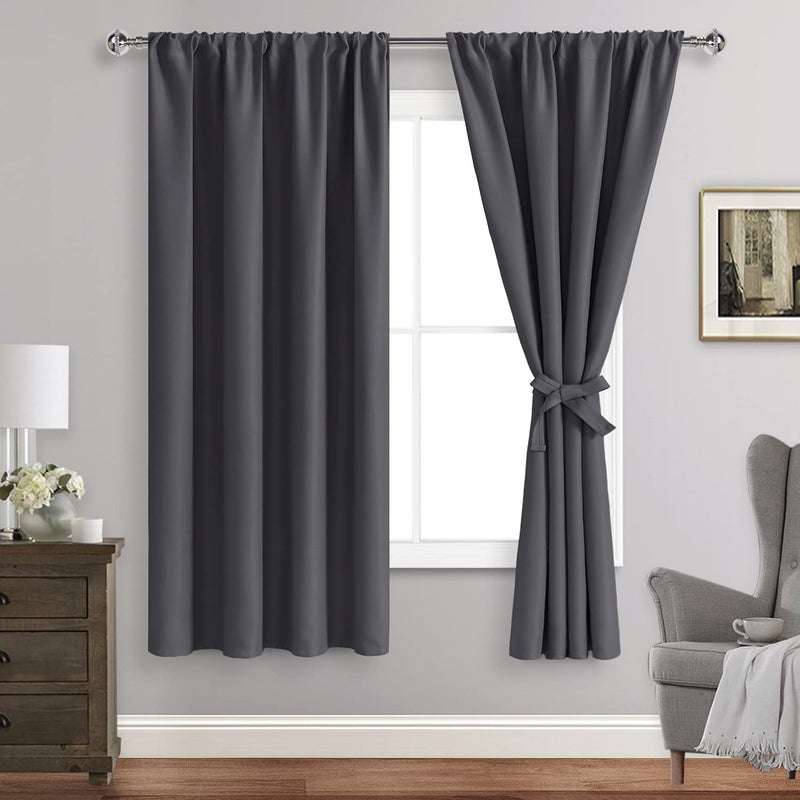 JIUZHEN Blackout Curtains for Bedroom Thermal InsulatedNoise Reducing Room Darkening Rod Pocket Curtains for Living Room Set of 2 Panels with Tiebacks 42 x 63 inch Long Dark Grey