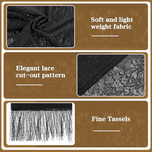 Jeffdad Women's Floral Lace Scarf Shawl wif Tassels for Women's Evening Dress Evening Party Mesh Wedding Shawls (Black) - Image 5