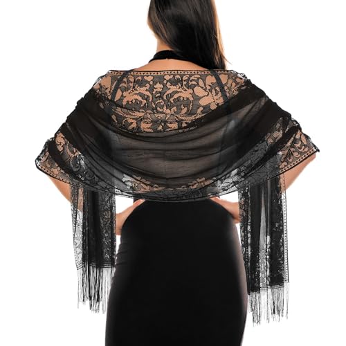 Jeffdad Women's Floral Lace Scarf Shawl wif Tassels for Women's Evening Dress Evening Party Mesh Wedding Shawls (Black) - Image 1