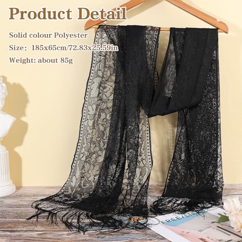 Jeffdad Women's Floral Lace Scarf Shawl wif Tassels for Women's Evening Dress Evening Party Mesh Wedding Shawls (Black) - Image 4