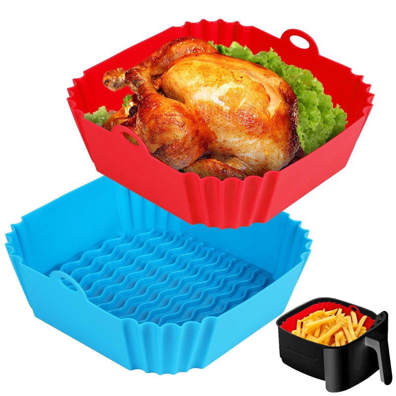 Boribim 2 PCS Square Silicone Air Fryer Liners  8 Inch Reusable Air Fryer Pot  Air Fryer Accessories  Air Fryer Inserts for 4 to 7 QT Oven Microwave Accessories Red  Blue
