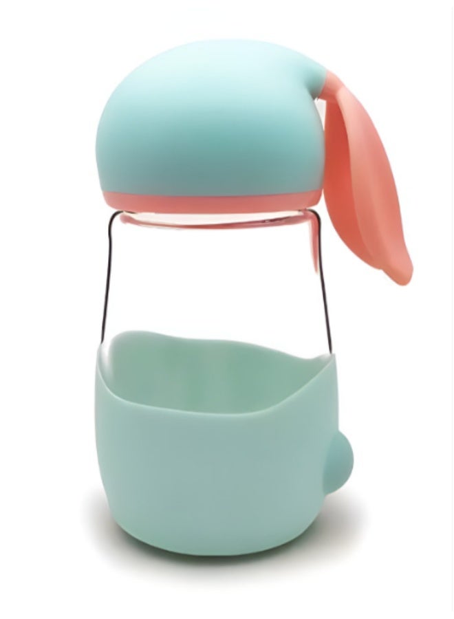 Spaceshoop Children’s Bunny Ear Glass Mug  Durable Transparent Cup with Silicone Base & Secure Lid  Safe Perfect for Water Juice Milk & Travel - Image 1