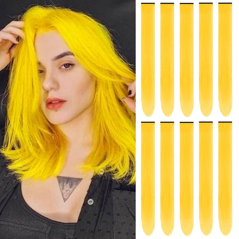 22 inch Colored Hair Extensions Multicolors Party Highlights Clip in Synthetic Hair Extensions Color Party Highlights Hairpieces for Girls Women Cosplay Gift10 PCS Yellow