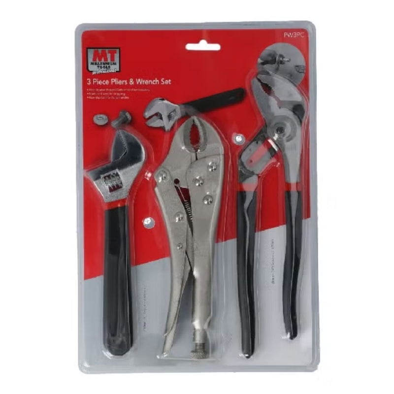 MT Tools 3 Piece Pliers and Wrench Set – Adjustable, Locking, Groove Joint