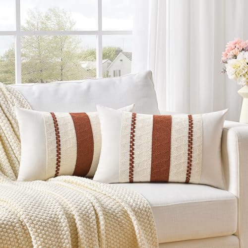 Fancy Homi Set of 2 Rust Boho Lumbar Decorative Throw Pillow Cover 12x20 Inch for Couch Bed Sofa Aesthetic Modern Organic Fall Room Decor Soft Cotton Cute Terracotta Farmhouse Cushion Case - Image 1