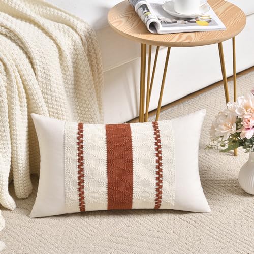 Fancy Homi Set of 2 Rust Boho Lumbar Decorative Throw Pillow Cover 12x20 Inch for Couch Bed Sofa Aesthetic Modern Organic Fall Room Decor Soft Cotton Cute Terracotta Farmhouse Cushion Case - Image 3