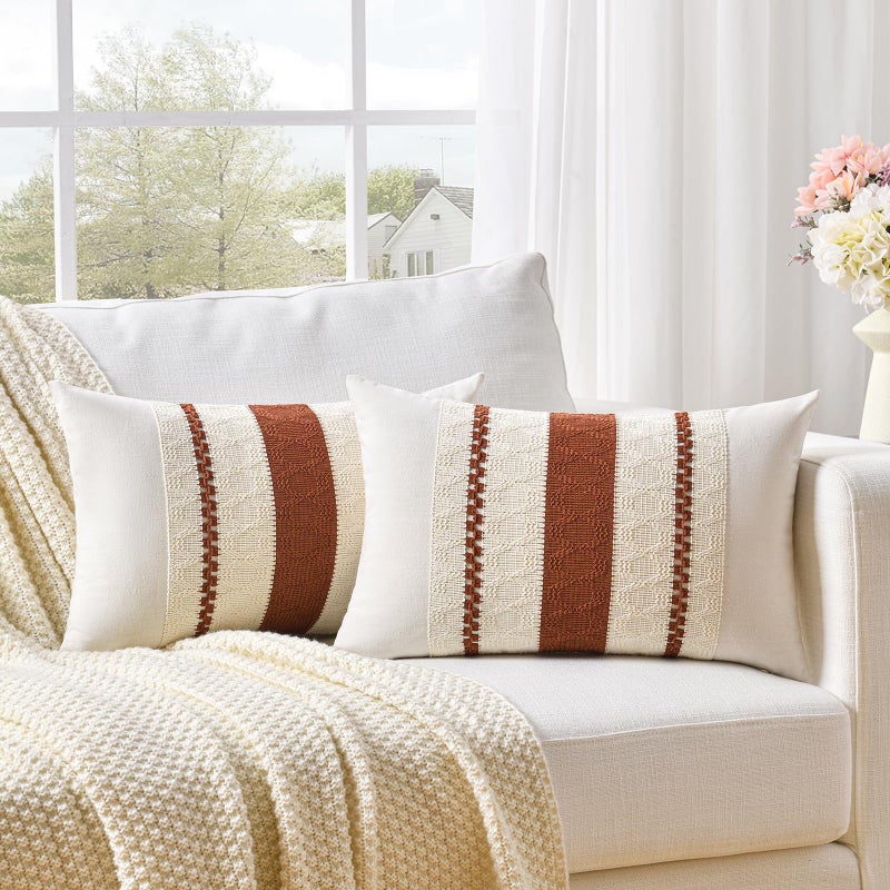 Fancy Homi Set of 2 Rust Boho Lumbar Decorative Throw Pillow Cover 12x20 Inch for Couch Bed Sofa Aesthetic Modern Organic Fall Room Decor Soft Cotton Cute Terracotta Farmhouse Cushion Case - Image 2