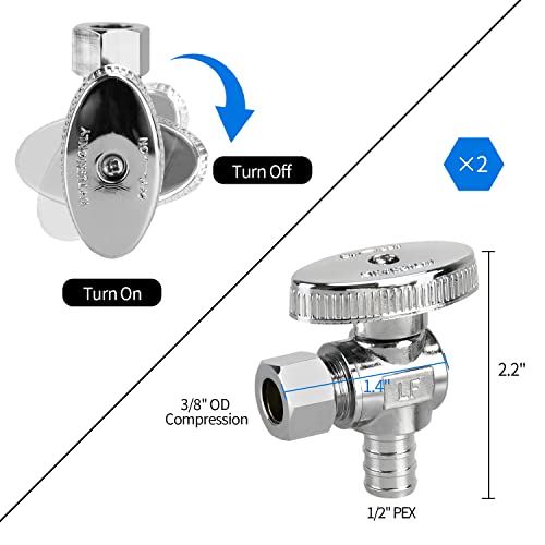 PXZBLG 2 Pack Stop Valves, 1/4 Turn Angle Stop Valves, 3/8" OD Compression × 1/2" PEX Chrome Plated Brass for Faucet, Toilet Valves - Image 2
