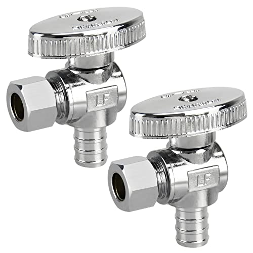 PXZBLG 2 Pack Stop Valves, 1/4 Turn Angle Stop Valves, 3/8" OD Compression × 1/2" PEX Chrome Plated Brass for Faucet, Toilet Valves - Image 1