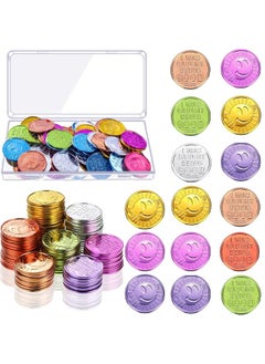 Civaner 50 Pcs I Was Caught Being Good Coins Fake Plastic Coins for Kids Pretend Play Tokens Incentive Colorful Coins Smile Face Reward with Box for School Classroom Teacher Counting Behavior  - Image 3
