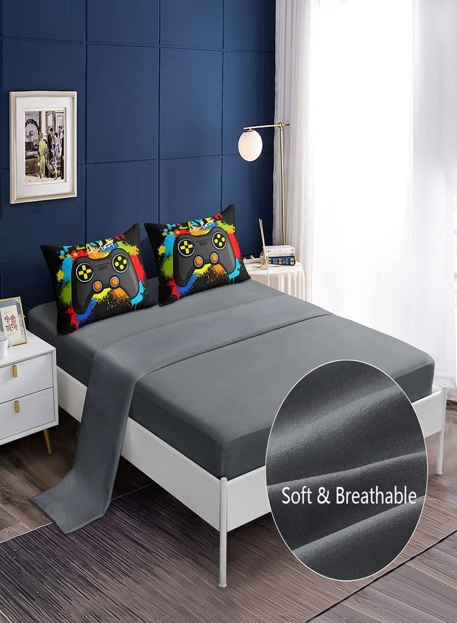 lris Bedding 5 Pieces Bed in a Bag for Gaming Bedding Set,Boys Gamer Comforter Set with Flat Sheet,Fitted Sheet,Pillowcases,Cushion Cover,Game Console Pattern Bed Set for Kids Boys Room Decor - Image 3