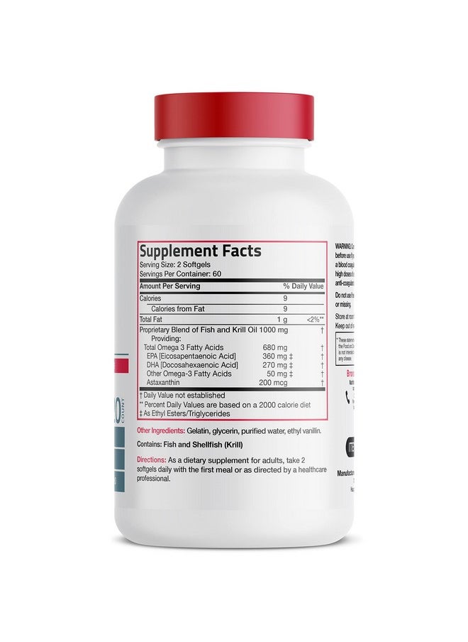 Bronson - Omega3 Fish + Krill Oil 1000 Mg Epa Dha Astaxanthin Premium Blend Joint Brain & Eye Health Non Gmo Heavy Metal Tested 120 Softgels - Image 1