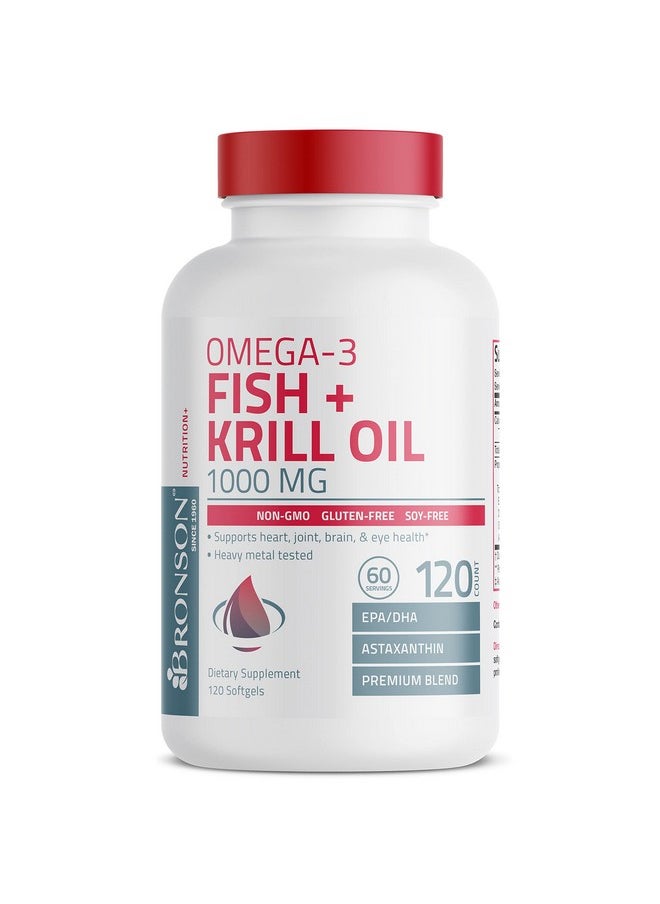 Bronson - Omega3 Fish + Krill Oil 1000 Mg Epa Dha Astaxanthin Premium Blend Joint Brain & Eye Health Non Gmo Heavy Metal Tested 120 Softgels - Image 1