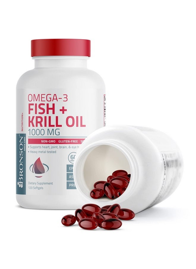 Bronson - Omega3 Fish + Krill Oil 1000 Mg Epa Dha Astaxanthin Premium Blend Joint Brain & Eye Health Non Gmo Heavy Metal Tested 120 Softgels - Image 1