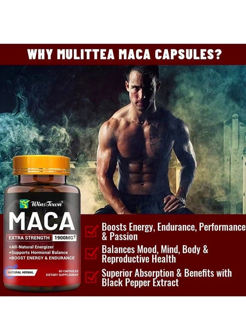 Wins Town Organic Maca Root Powder Capsules 1900 mg with Ashwagandha Ginseng Tribulus Maca Root Extract Supplement for Men and Women Vegan Pills 60 Capsules  - Image 2