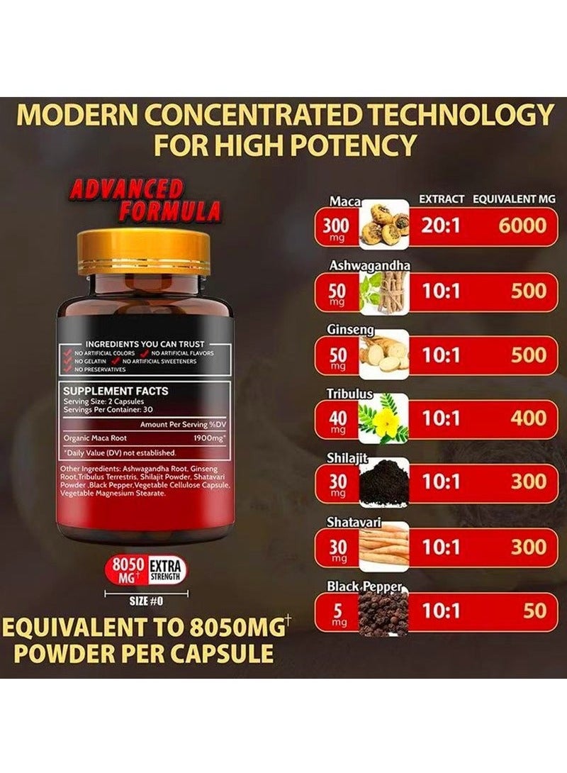 Wins Town Organic Maca Root Powder Capsules 1900 mg with Ashwagandha Ginseng Tribulus Maca Root Extract Supplement for Men and Women Vegan Pills 60 Capsules  - Image 3
