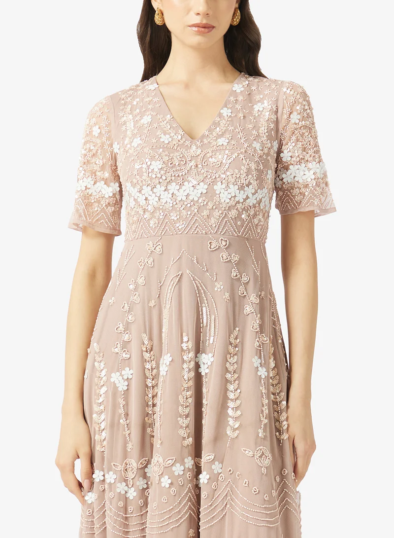 Frock And Frill  Sequin Detailed Short Sleeve Midi Dress for Women | Best Price UAE