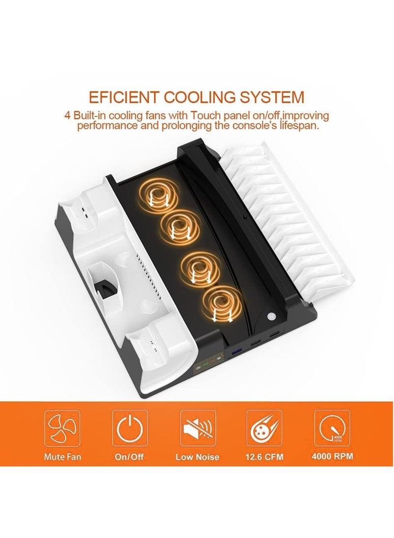 PS5 Vertical Stand with Cooling Fan and Dual Controller Charger Station, Playstation 5 Console Accessories with Headphone Hook and 14 Game Rack Storage, Media Organizer - Image 3