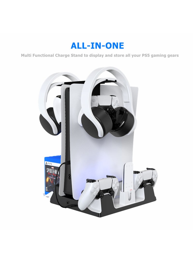 PS5 Vertical Stand with Cooling Fan and Dual Controller Charger Station, Playstation 5 Console Accessories with Headphone Hook and 14 Game Rack Storage, Media Organizer - Image 1