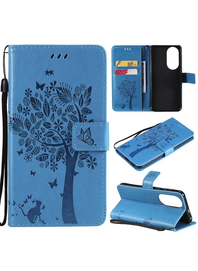 S-TOP Case For Huawei P50 Tree & Cat Pattern Pressed Printing Horizontal Flip PU Leather Case with Holder & Card Slots & Wallet & Lanyard - Image 1