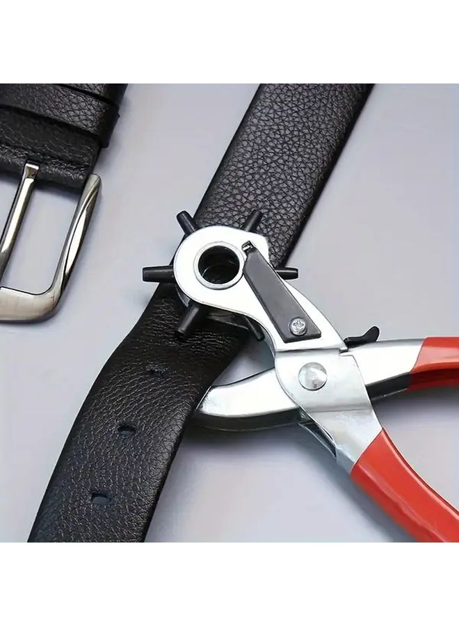 Red Multifunctional Faux Leather Belt Hole Punch Pliers Round Flat Oval Cutter - Image 2