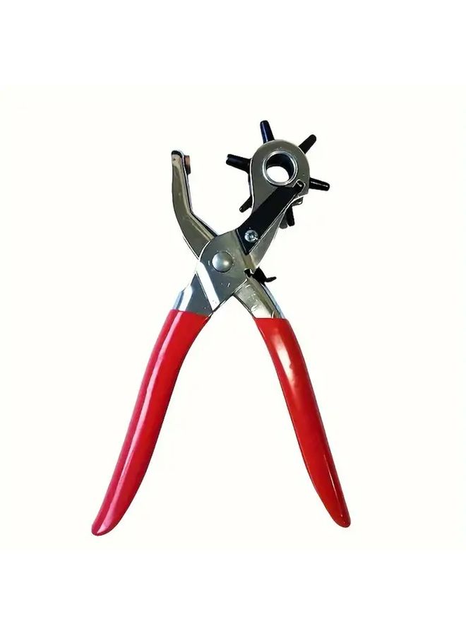 Red Multifunctional Faux Leather Belt Hole Punch Pliers Round Flat Oval Cutter - Image 1