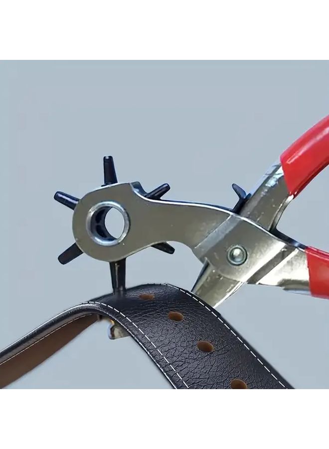 Red Multifunctional Faux Leather Belt Hole Punch Pliers Round Flat Oval Cutter - Image 5