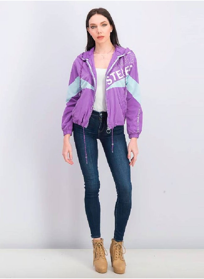 LOUD UNIVERSE Women Casual Drawstring Hooded Windbreaker Jacket, Purple Combo  - Image 2