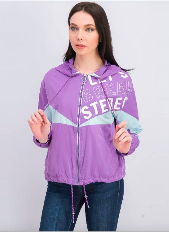 LOUD UNIVERSE Women Casual Drawstring Hooded Windbreaker Jacket, Purple Combo  - Image 1