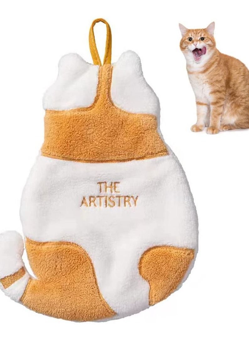 Y&D Cute Cat Hand Towel, Dry Kitchen Towel Bathroom Household Coral Velvet Soft Orange for Children  - Image 1