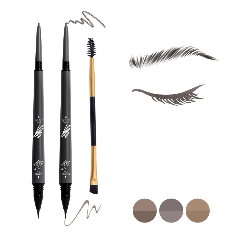 Music Flower 3 Pcs Eyebrow Pencil Set with 2 Dual Ended Waterproof Long Lasting Liquid Eyebrow Pen and with 1 Eyebrow Brush Grey