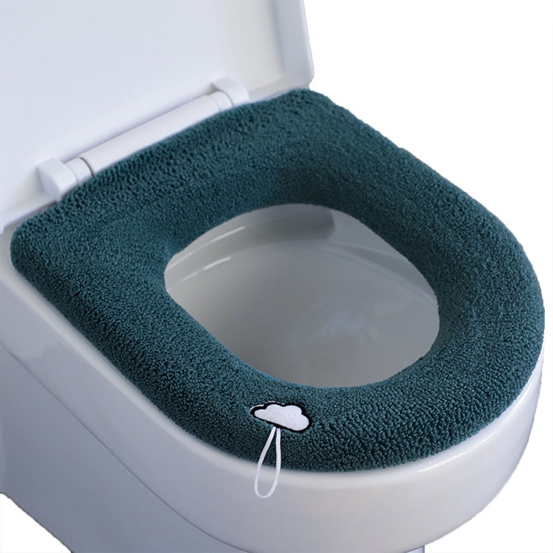 Washable Toilet Seat Cover Dark Green Polyester Warm Sanitary Convenient Strap Toilet Seat Cushion for All Season Bathroom Use - Image 1