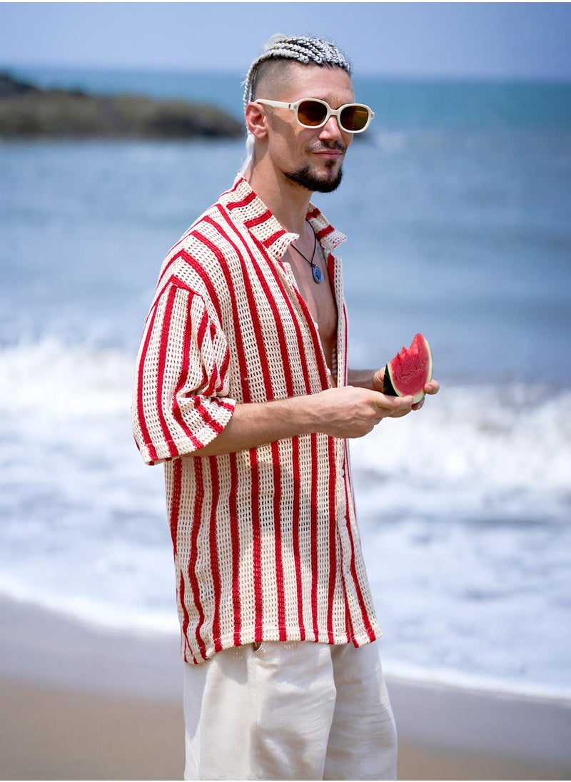 Campus Sutra Campus Sutra Men's Off-White & Red Striped Open-Knit Resort Shirt For Casual Wear | Cuban Collar | Short Regular Sleeves | Button Closure | Oversized Shirt Crafted With Comfort Fit For Everyday Wear  - Image 3