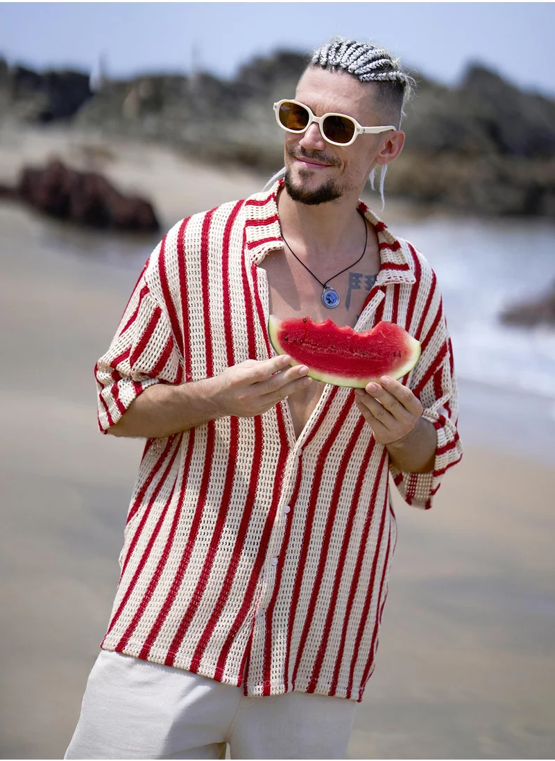 كامبوس سوترا Campus Sutra Men's Off-White & Red Striped Open-Knit Resort Shirt For Casual Wear | Cuban Collar | Short Regular Sleeves | Button Closure | Oversized Shirt Crafted With Comfort Fit For Everyday Wear