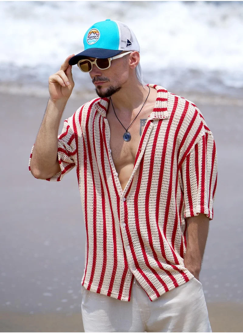 كامبوس سوترا Campus Sutra Men's Off-White & Red Striped Open-Knit Resort Shirt For Casual Wear | Cuban Collar | Short Regular Sleeves | Button Closure | Oversized Shirt Crafted With Comfort Fit For Everyday Wear