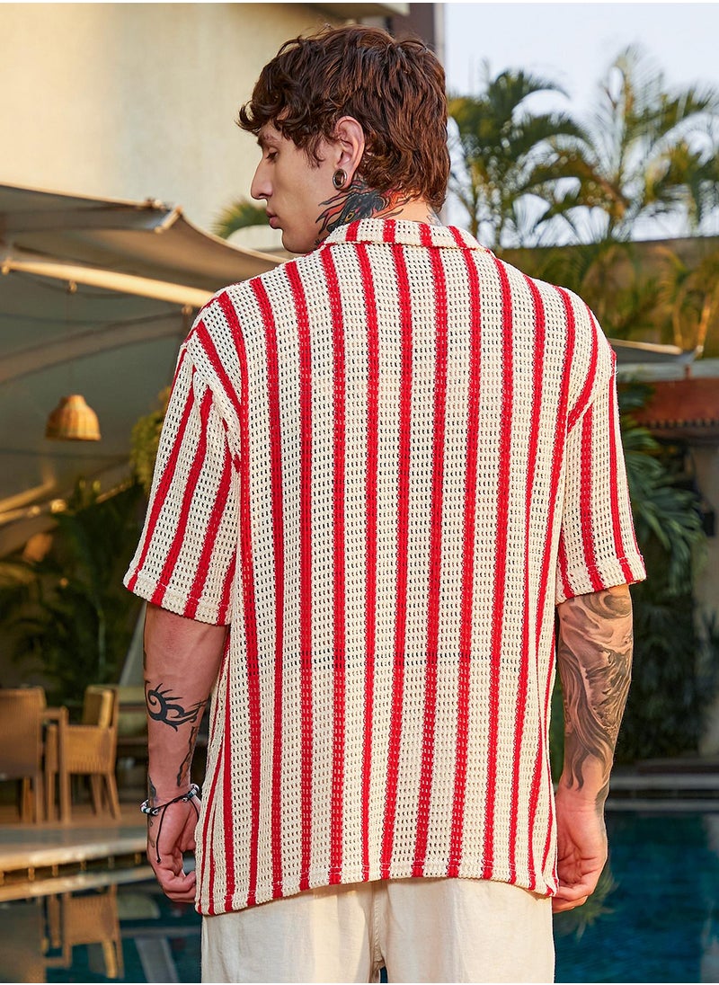 Campus Sutra Campus Sutra Men's Off-White & Red Striped Open-Knit Resort Shirt For Casual Wear | Cuban Collar | Short Regular Sleeves | Button Closure | Oversized Shirt Crafted With Comfort Fit For Everyday Wear  - Image 5