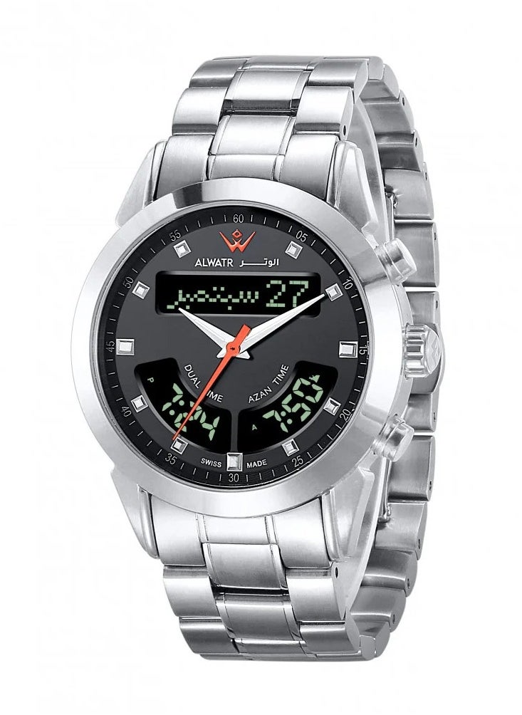 Luxury Dual Time Analog and Digital Stainless Steel Watch Islamic Watch Displaying Azan Times and Qibla Direction Silver Color