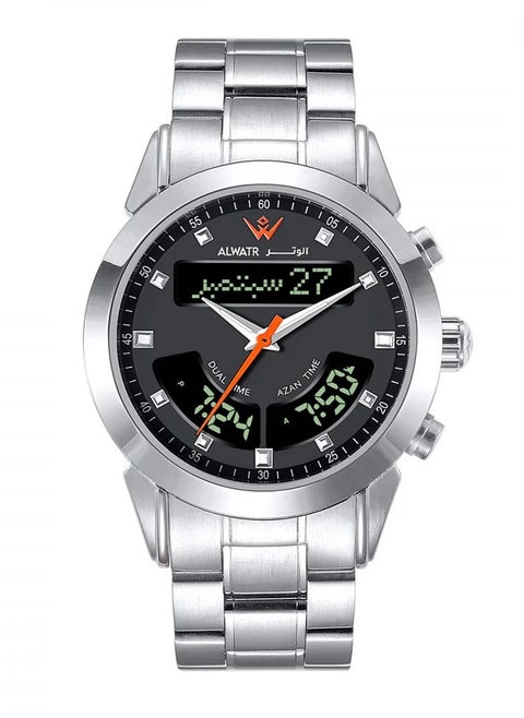 Luxury Dual Time Analog and Digital Stainless Steel Watch Islamic Watch Displaying Azan Times and Qibla Direction Silver Color