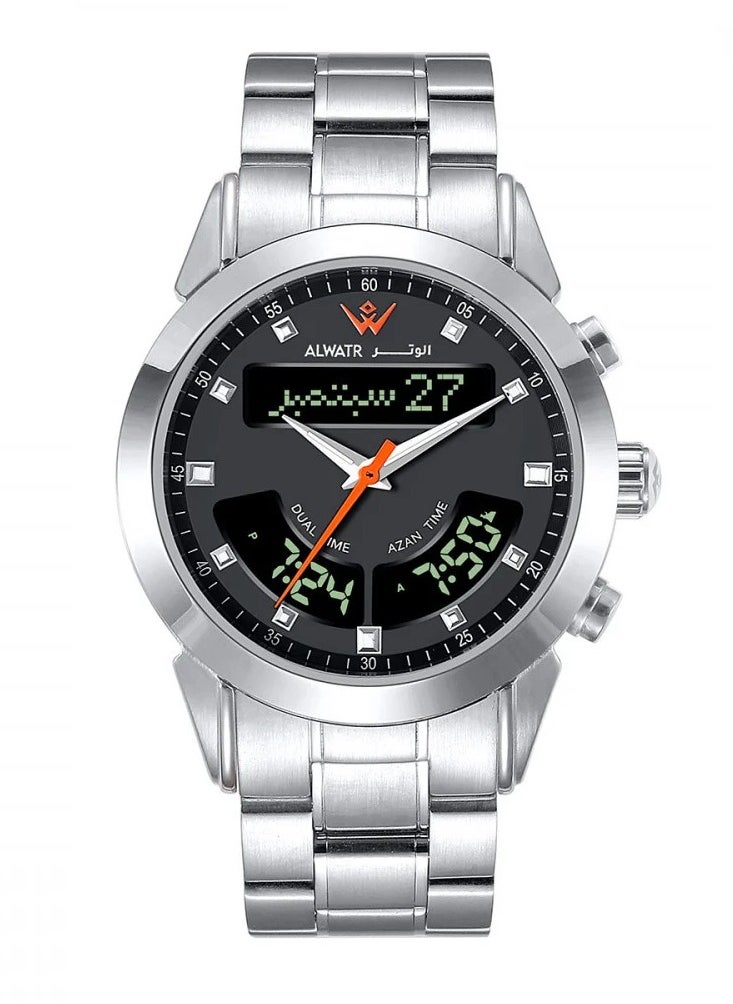Luxury Dual Time Analog and Digital Stainless Steel Watch Islamic Watch Displaying Azan Times and Qibla Direction Silver Color