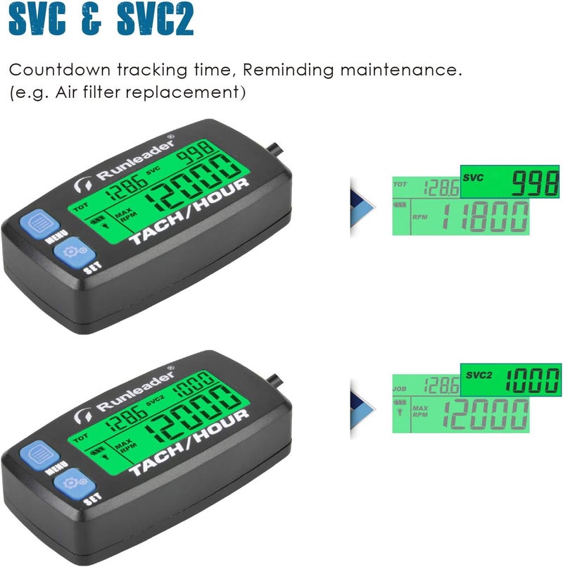 Runleader Hour Meter Tachometer,Maintenance Reminder,Alert RPM,Backlit Display,Initial Hours Setting,Battery Replaceable,Use for ZTR Mower Generator Marine ATV and Gas Powered Device. (Button-Blue) - Image 3