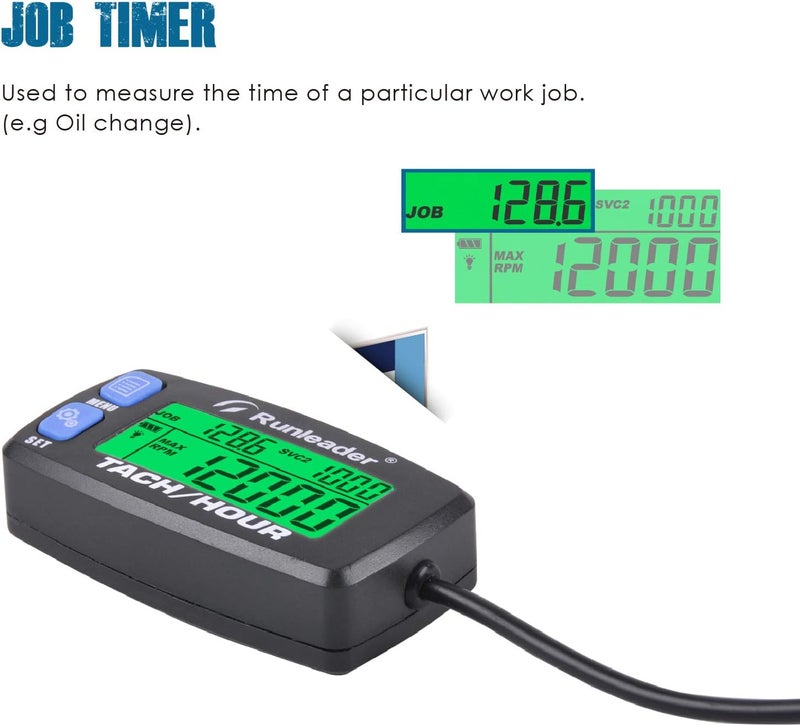 Runleader Hour Meter Tachometer,Maintenance Reminder,Alert RPM,Backlit Display,Initial Hours Setting,Battery Replaceable,Use for ZTR Mower Generator Marine ATV and Gas Powered Device. (Button-Blue) - Image 4