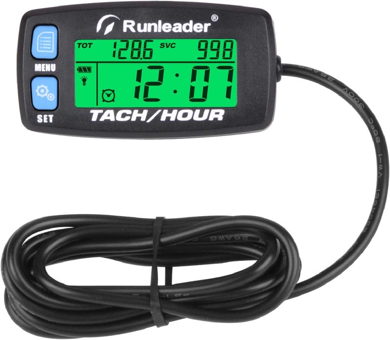 Runleader Hour Meter Tachometer,Maintenance Reminder,Alert RPM,Backlit Display,Initial Hours Setting,Battery Replaceable,Use for ZTR Mower Generator Marine ATV and Gas Powered Device. (Button-Blue) - Image 1