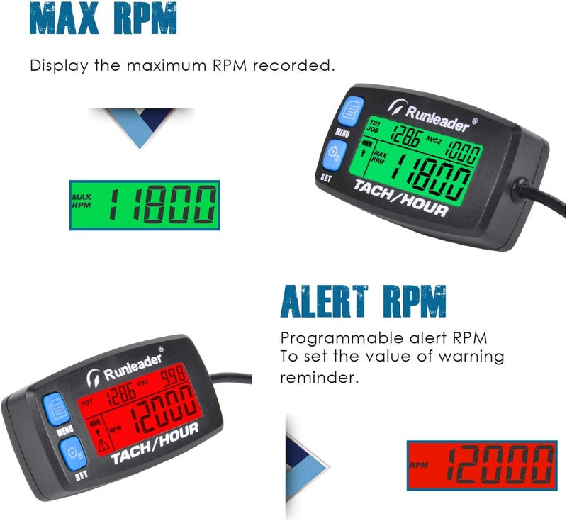 Runleader Hour Meter Tachometer,Maintenance Reminder,Alert RPM,Backlit Display,Initial Hours Setting,Battery Replaceable,Use for ZTR Mower Generator Marine ATV and Gas Powered Device. (Button-Blue) - Image 5
