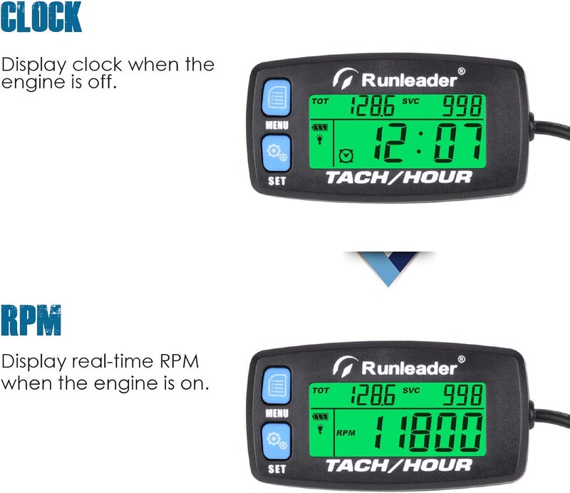 Runleader Hour Meter Tachometer,Maintenance Reminder,Alert RPM,Backlit Display,Initial Hours Setting,Battery Replaceable,Use for ZTR Mower Generator Marine ATV and Gas Powered Device. (Button-Blue) - Image 2