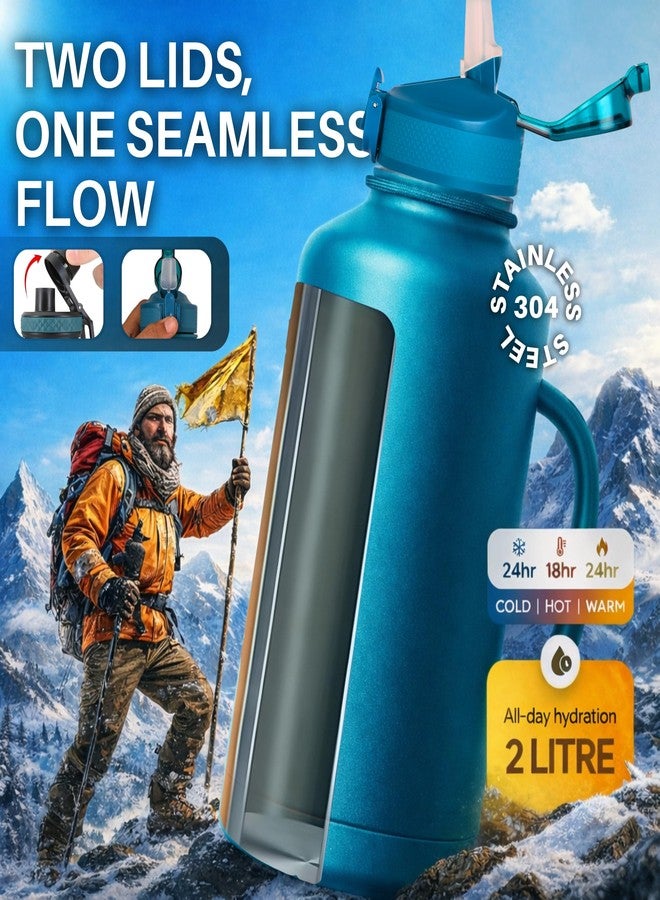 DR. FITZY AquaFlo 2 Litre Stainless Steel Bottle with 2 Lids, 24HR Hot & Cold Insulated Water Bottle 2 Litre, 2 LTR Gym Sipper Bottles with Straw, 2L Thermo Flask Steel Sipper Water Bottles for Adults (Blue) - Image 2