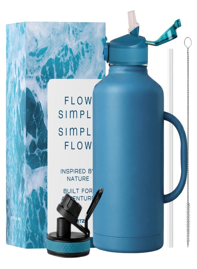 DR. FITZY AquaFlo 2 Litre Stainless Steel Bottle with 2 Lids, 24HR Hot & Cold Insulated Water Bottle 2 Litre, 2 LTR Gym Sipper Bottles with Straw, 2L Thermo Flask Steel Sipper Water Bottles for Adults (Blue) - Image 1