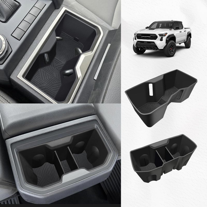 Muslogy Center Console Front&Rear Cup Holder Inserts Compatible with 2024 2025 2026 Toyota Tacoma Accessories Middle Console and Rear Armrest CupHolder Silicone Rubber Organizer 2PCS Set - Image 1